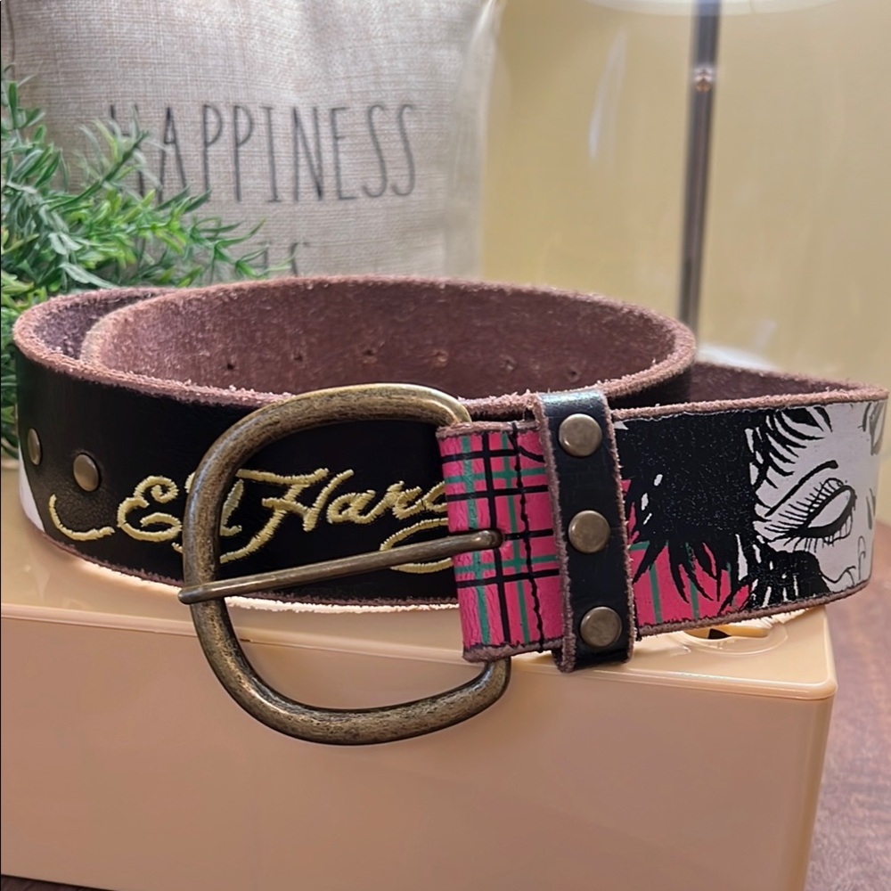 Ed Hardy Y2K Black and Pink Graphic Belt